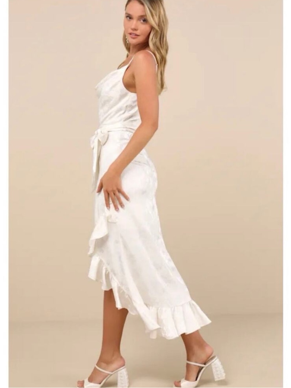 Lulus Modern Passion NWT size XL Ivory Floral Satin Jacquard Ruffled Midi Dress - Picture 12 of 12